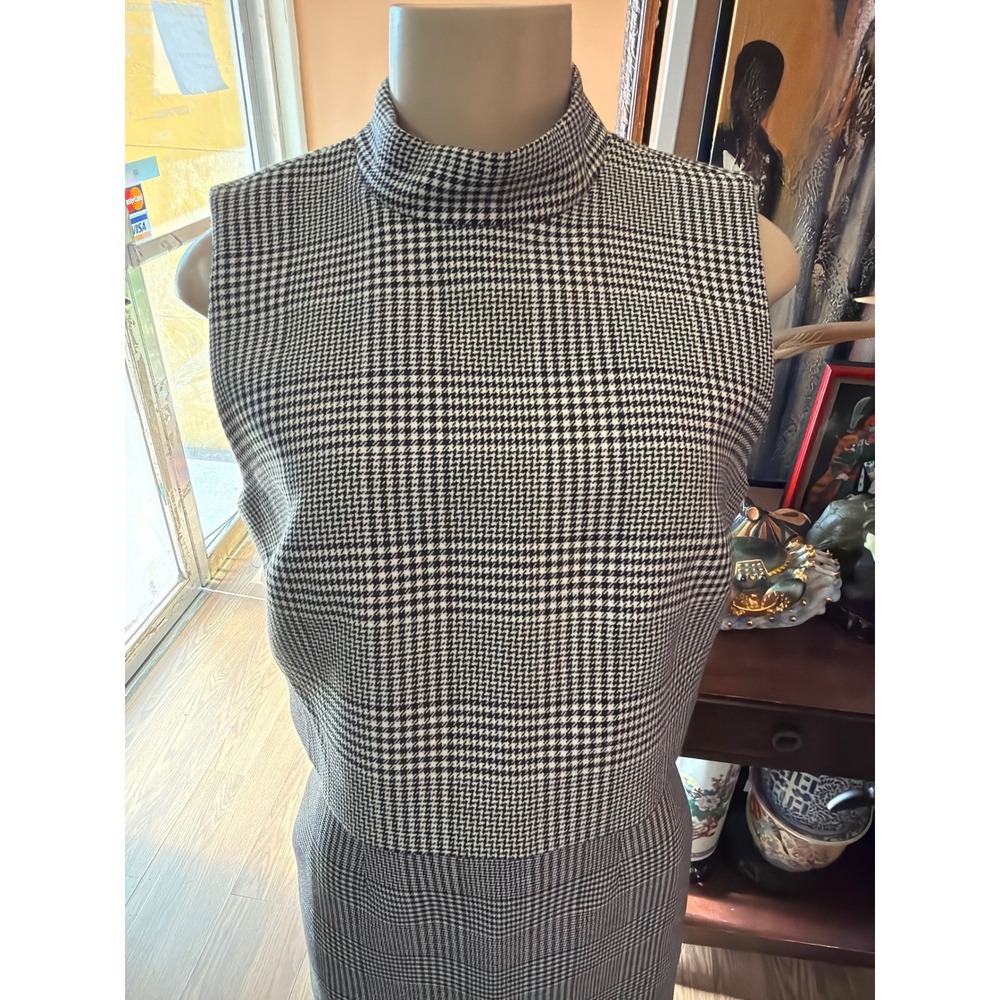 RW&CO‎ Glen Plaid Houndstooth Layered Sheath Dress Black White Mock Neck Size 6